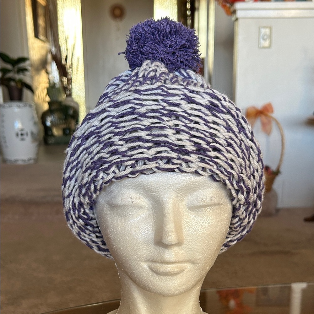 Purple and White Knit Beanie with Pom-Pom